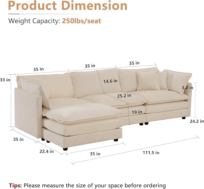 mikibama Modular Sectional Sofa 111.5 Inch L Shaped Couch Set for Living Room 3-Seater Comfy Cloud Couches with Movable Ottoman DIY Combination Chenille Light Coffee