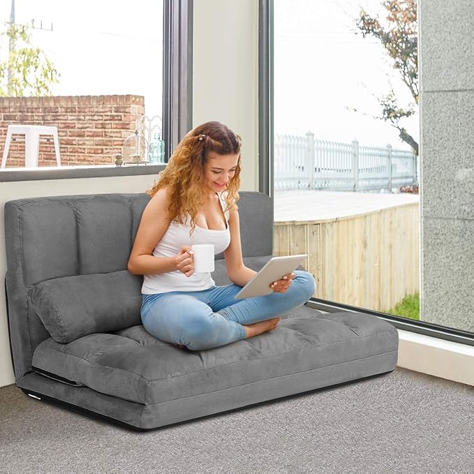 S AFSTAR Floor Folding Couch and Futon Sofa 6-Position Fabric Sleeper Bed with 2 Pillows and Sponge Filling Adjustable Lazy Sofa for Living Room and Bedroom(Gray)