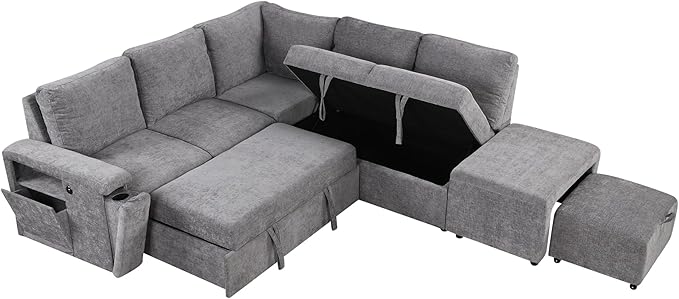 Convertible Sleeper Sectional Sofa with Pull-Out Bed and Storage Space &amp Ottoman Armrest w/USB Ports &amp Cup Holders Corner 6 Person L-Shape Modular Couch for Living Room Apartment (Grey)
