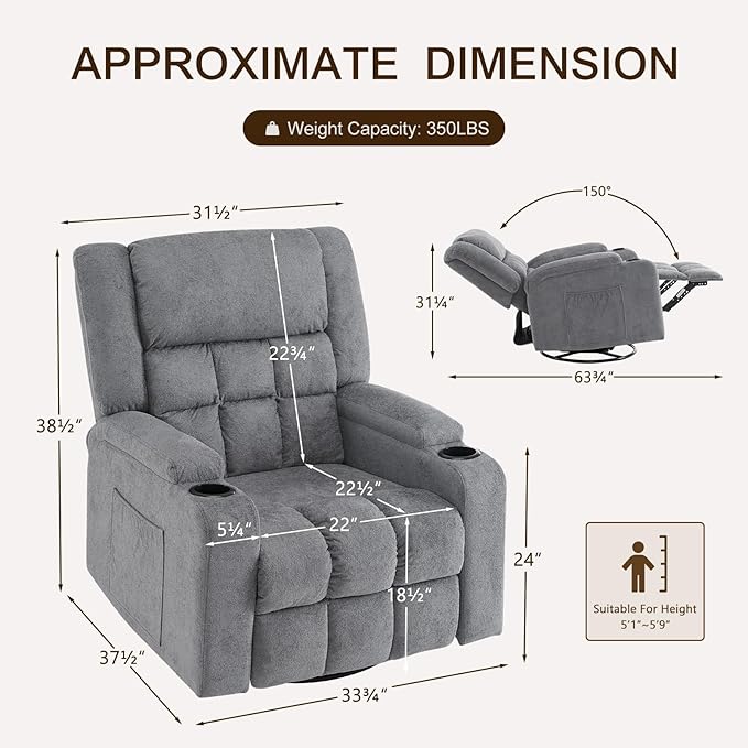 Furnimart 360° Swivel Rocker Recliner Chair for Adult Manual Recliner Chair with Massage and Heat Chenille Glider Rocker Chaise Lounge for Living Room Bedroom Home Theater (Gray)