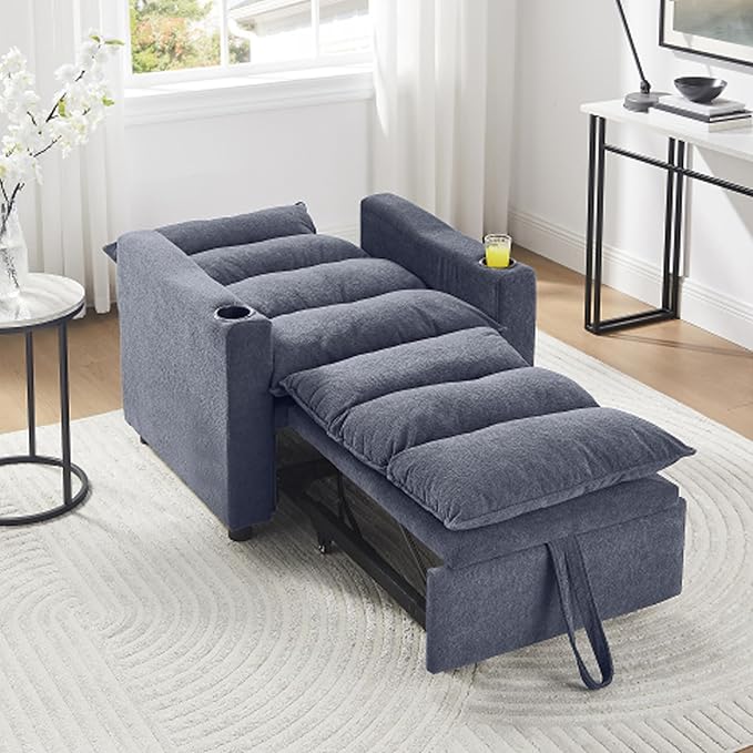 Sleeper Chair 3 in 1 Convertible Pull Out Chair Sleeper with Bracket and Cup Holder Chairs Bed Sleepers for Adults Adjustable Sofa Bed Chairs for Living Room Small Spaces Grey