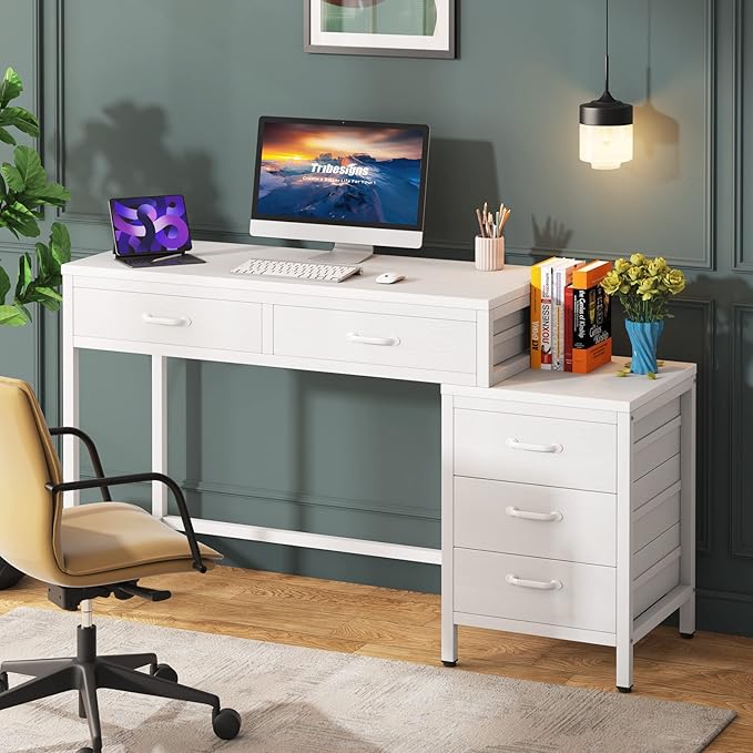 Little Tree Computer Desk with 5 Drawers Home Office Desks with Reversible File Drawer Cabinet Printer Stand
