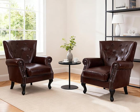Modern Accent Chair Set of 2 Mid-Century PU Leather Armchair with Solid Wood Legs Single Sofa Chair for Living Room Bedroom Leisure Room or Reading Room(Reddish Brown)