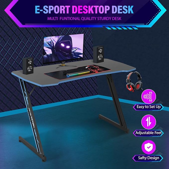 PayLessHere | 47 Gaming Table | Blue | Z-Shaped Computer Desk with Steel Frame Headphone Hook Adjustable Feet | Carbon Fiber Texture Surface Sweat &amp Waterproof | for Gaming Home Office