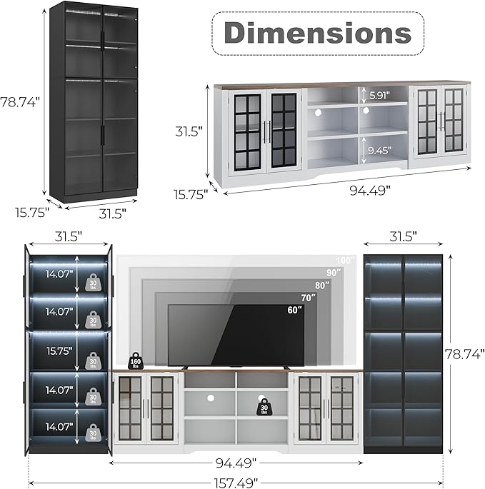 Farmhouse TV Stand for TVs up to 100Entertainment Center with 2 LED Storage CabinetsTV Console with Glass Doors and Adjustable Compartments for Large Space Living RoomBedroom
