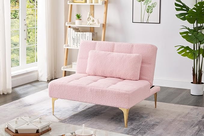 35.5 Convertible Single Sofa Chair Small Futon Chair with Adjustable Backrest Comfy Armless Accent Chair with Pillow Modern Mini Couch Bed with Gold Metal Legs for Living Room Bedroom Pink