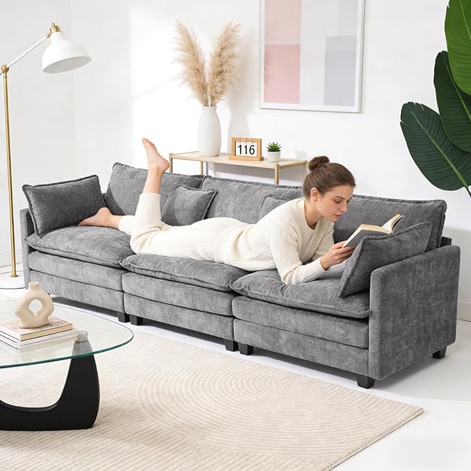 Redlife 133 Modular Sectional 3-Seater Sofa with 2 Ottomans Chenille Sectional Couch Set with Spring &amp Double Foam Cushion System Removable Covers Easy to Assembly Gray