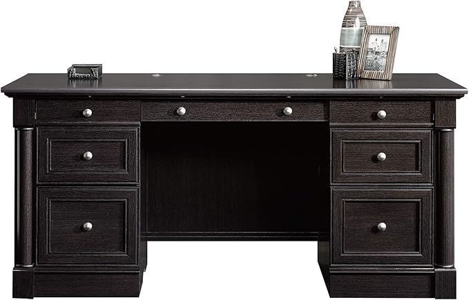 Sauder Palladia Office Desk with Drawers Executive Desk with File Cabinet Storage Cable Management Keyboard Tray in Wind Oak Finish
