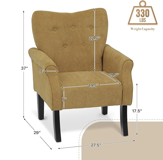 Athena Collection Mid Century Modern Chair for Living Room Upholstered Wingback Reading Chair for Adults Comfy Linen Fabric Armchair with Wooden Legs for Bedroom Dorm Balcony Yellow