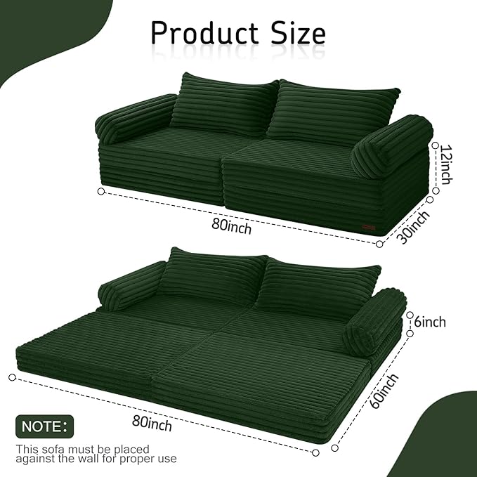 MeMoreCool Convertible Sofa Bed Folding Floor Couch Bed Queen Pull Out Sleeper Couch with Pillows Fold Out Futon Sofa for Bedroom Living Room Small Space Corduroy Green