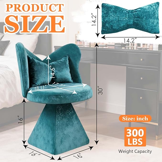360° Swivel Vanity Chair with Back and PillowChenille Comfy Makeup Chairs for VanityBlue Modern Desk Chair No Wheels for BedroomLiving Room (Blue)