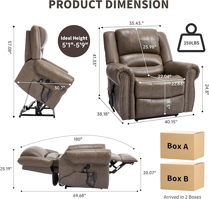 Genuine Leather Power Lift Recliner Chair Lazy Boy Recliner Chair with Charging Ports for Living Room Theater Seating Electric Single Sofa with Round Armrest Camel Brown