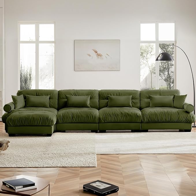 166 Oversized Couch 4 Seater Modular Sectional Sofa Olive Green Large L Shaped Sectional Couches for Living Room Fluffy Couch Set 4 Seater Velvet Cloud with Ottoman Sofas for Living Room