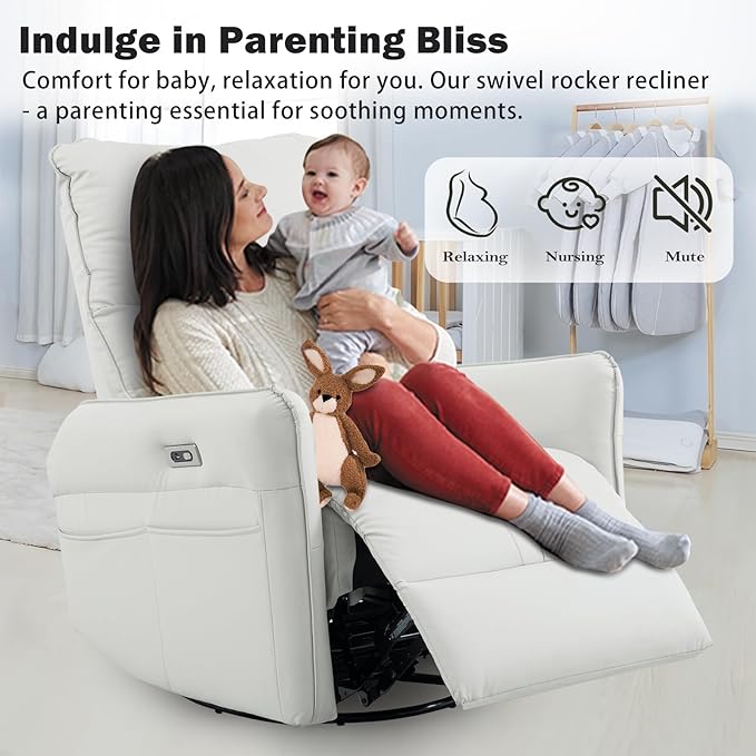 cinkehome Power Swivel Rocker Recliner with USB Overstuffed Electric Reclining Chair Faux Leather Rocker Recliner for Nursery Living Room Light Grey