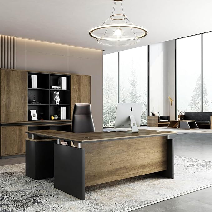 SAINTCY 63 Inch L-Shaped Executive Desk Industrial Modern Wood Office Desk with 3 Drawers Built-in Cable Management &amp Power Outlet Real Wood Finish Reversible Left/Right Return Home Workstatio