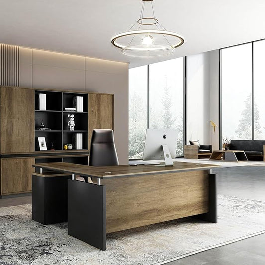 SAINTCY 63 Inch L-Shaped Executive Desk Industrial Modern Wood Office Desk with 3 Drawers Built-in Cable Management &amp Power Outlet Real Wood Finish Reversible Left/Right Return Home Workstatio