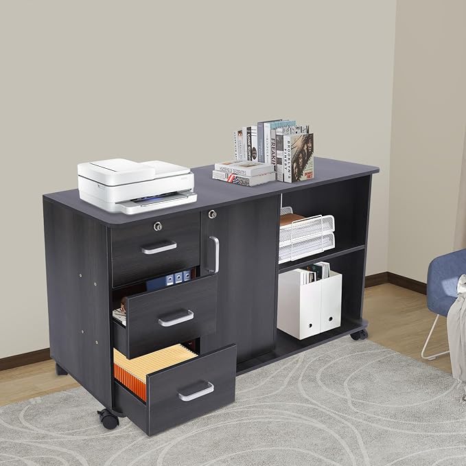 3 Drawer Mobile File Cabinet Wood Lateral Filing Cabinet Printer Stand with Open ShelvesLocking File Cabinets for Home Office