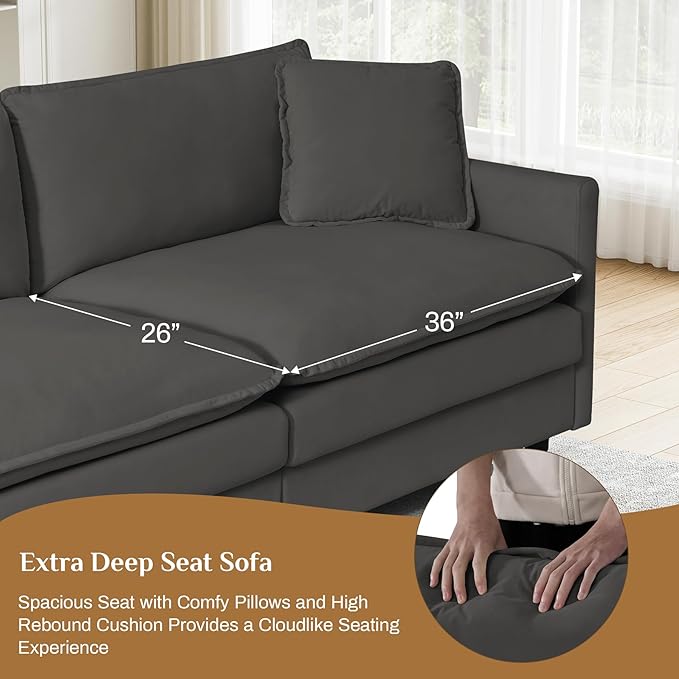 162.6 U Shaped Sectional Cloud Couch Oversized Comfy Grey Sectional Couches for Living Room Modular Couch Large Velvet Cloud Sofa with Console Bluetooth Speaker USB Ports Dark Grey