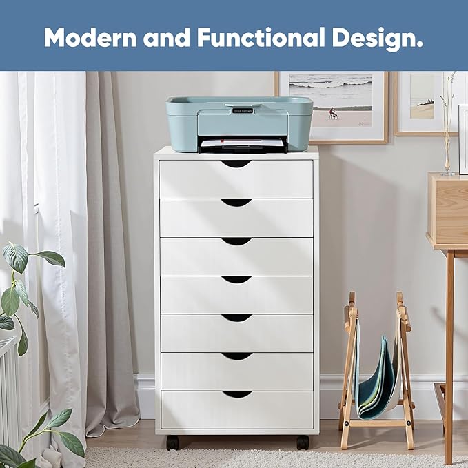 OLIXIS 7 Drawer Mobile File Cabinet Under Desk Storage Organization with Wheels Vertical Filing Chest Rolling Wood Small Desk Printer Stand for Home Office 15.75D x 18.74W x 34.25H White