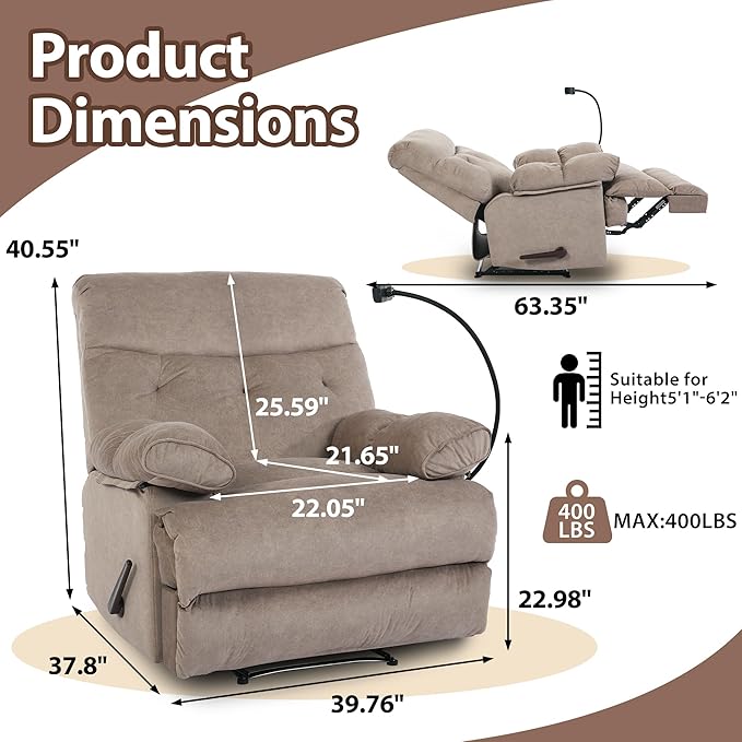 Manual Oversized Recliner Chair for Heavy Duty Adults 400lbs Extra Wide Recliner with Phone Holder Big Man Recliners for Living Room Bedroom Nursery RV Brown