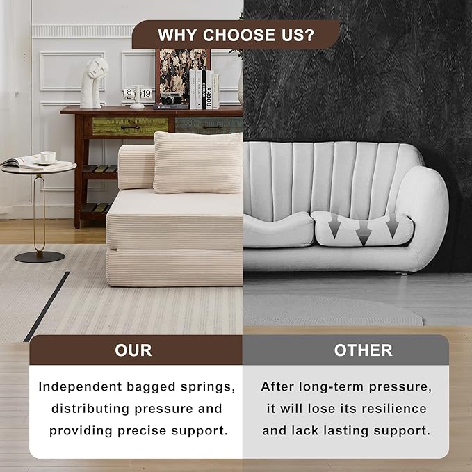 Folding Sofa Bed Convertible Sleeper Chair with Pillow Single Sofa with Back Support Portable Fold Out Chair Cloud Couch Bed Comfy Floor Sofa Lounge for Living Room Bedroom White