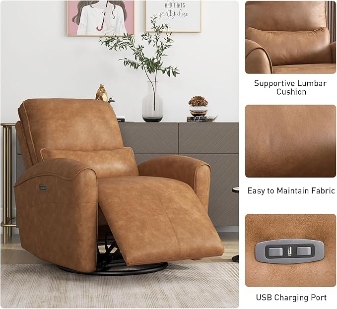 Bonzy Home Power Swivel Rocker Recliner Chair with USB Port 23.2 Wide Seat Fixed Lumbar Support Upholstered Glider Chair for Nursery Living Room Brown
