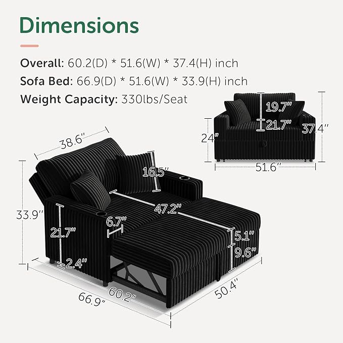 52” 3-in-1 Convertible Pull-Out Sofa Bed Sleeper Loveseat with Built-in Cup Holders Reclining Backrest Pet-Friendly Corduroy Sofa for Small Space - Black