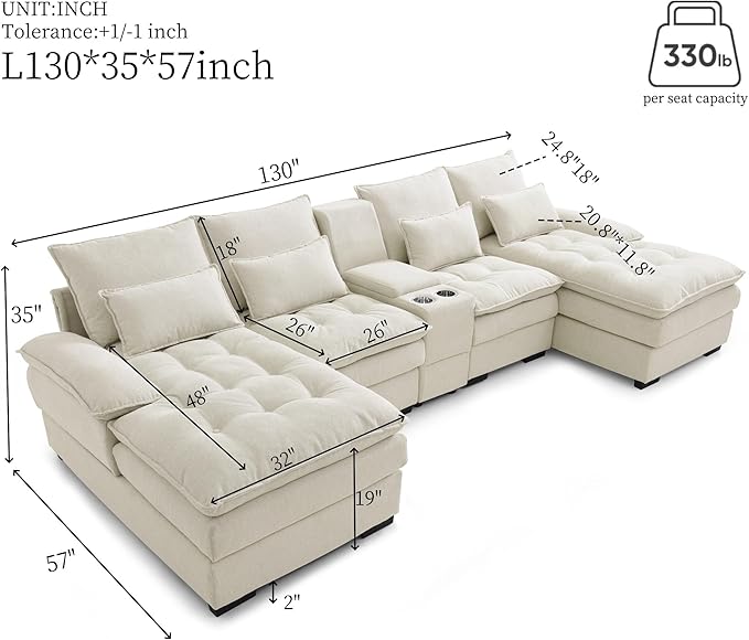 6 Seater Symmetrical U Shaped Modular Sectional Sofa Couch with Storage Console 130 INCH Oversized Tufted Linen Cloud Cushion Sofa Couch with Double Chaise &amp Cupholders