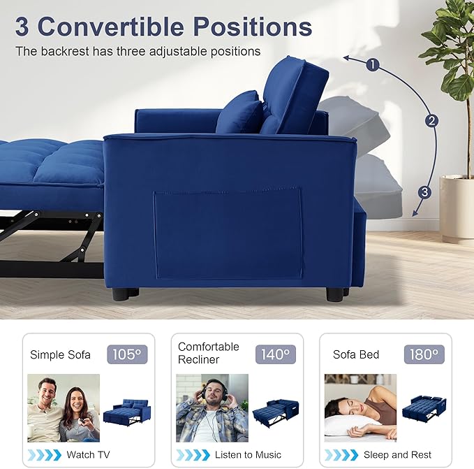 55.2'' Pull Out Couch 2-Seater Sleeper Loveseat 3-in-1 Reclining Sofa Bed Futon Adjustable Backrest with Pillows Pockets Couch for Living Room Apartment Lounge Blue