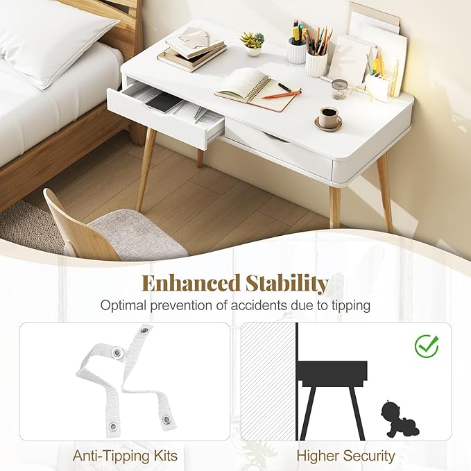 Giantex Mid-Century Desk with 2 Drawers 43.5 Writing Study Desk with Solid Rubber Wood Legs Home Office Computer Workstation PC Laptop Desk Modern Makeup Vanity Table for Bedroom (White &amp Natu