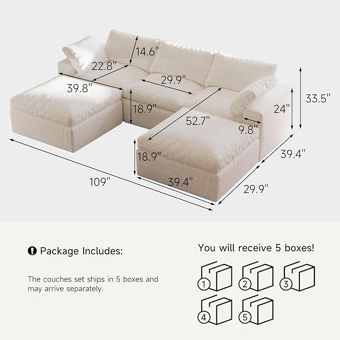 109’’ Cloud Couch for Living Room Boneless Modular Sectional Sofa U-Shape with Ottoman Washable Cushion Cover No Assembly Required White (3-Seat + 2 Ottoman)