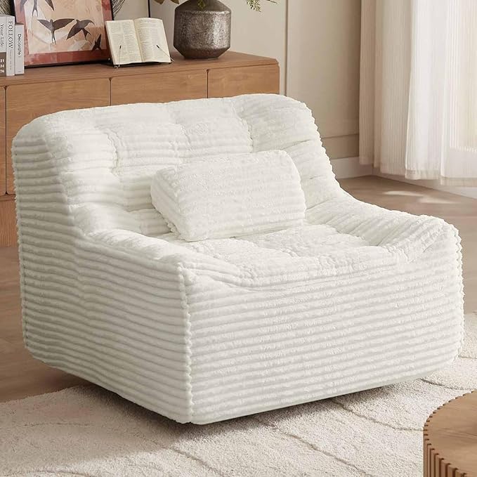 40 Swivel Cloud Chair 360° Swivel Accent Chair with Armless &amp Movable Pillow Cozy Single Sofa Oversized Reading Chair for Bedroom Living Room Compression Corduroy Plush Easy Assembly (White