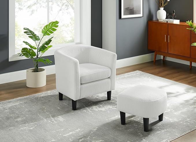 Modern Accent ChairUpholstered Arm Chair Linen Corduroy Single Sofa Chair with Ottoman Foot Rest Comfy Armchair for Living Room Bedroom and Office (White)