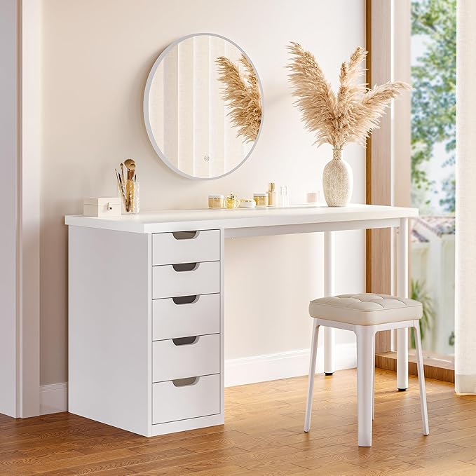 LITTLE TREE Computer Desk with 5 Drawers 47 Inch White Modern Simple Study Writing Desk with Metal Frame Work Desk for Home Office