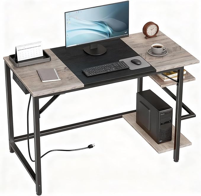HOOBRO Computer Desk Home Office Desk with Power Outlet Writing Desk with 2 Shelves Modern Small Desk for Home Office Study Easy to Assemble Charcoal Gray and Black BG43UDN01
