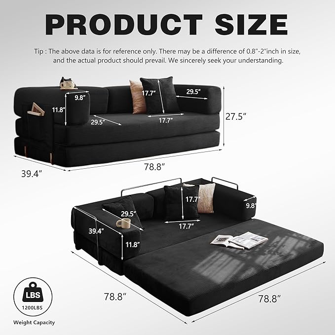 78.8 Convertible Sofa Bed - Compression Sofa with Corduroy Fabric - with Armrests and Backrest - Modular Sectional for Living Room Bedroom Studio - Compression Sofa in Box (Black)