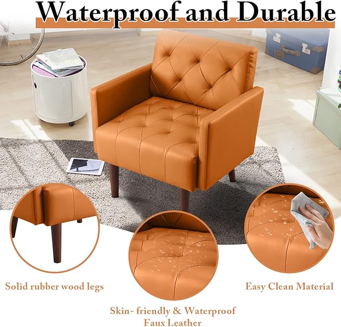 Leather Accent Chair Mid Century Modern PU Leather High Back Armchair for Living Room Chairs with Solid Wood Legs for Small Spaces Bedroom Office (Orange 29.1 x 25.6 x 31.1)