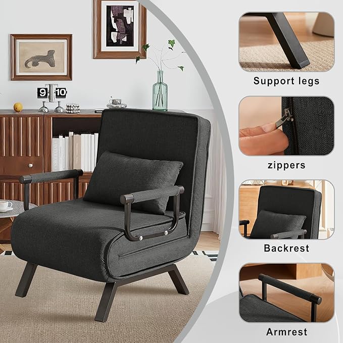 Convertible Sleeper Chair 5 in 1 Folding Sofa Bed with 5-Position Adjustable Backrest &amp Pillow Floor Single Chairs Cozy Futon Chair for Small Spaces Apartment Bedroom Office (Black)