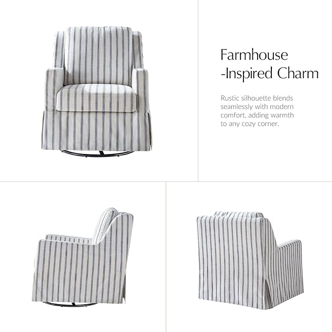 HULALA HOME Swivel Rocker Chair Farmhouse Swivel Rocking Accent Chair with Washable Slipcover Striped Fabric Barrel Armchair with Down Filled Cushions Navy