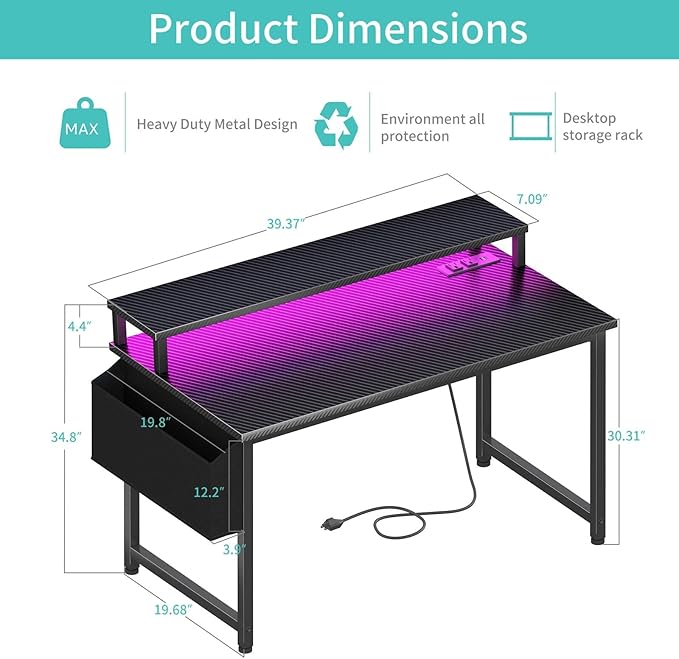 Lufeiya Gaming Desk with Power Outlets and LED Lights 40 Inch Gamer Desk Table with Charging Station Home Office Computer Desks with Monitor Black