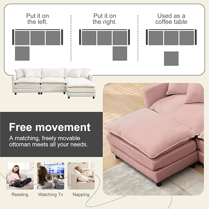 Modular Sectional Sofa108.27'' Modern Sofa Sleeper Couch with 3 Seat &amp 1 Ottoman &amp 3 pillows Sofa SetComfy Cloud Couches with Movable Ottoman Deep Seat Sofa for Living Room Chenille (pink L