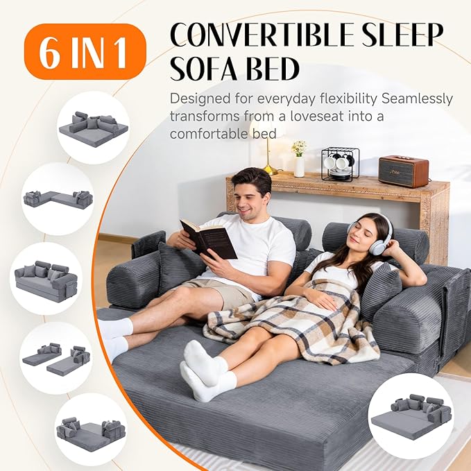 Upgrade Sofa Bed Convertible Boneless Couch for Small Spaces with High Backrest Design Fixed-Shape Frame &amp Removable Armrests and Backrest 2 Corduroy Pillow Dark Gray