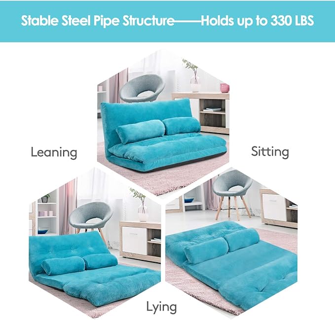 Giantex Adjustable Floor Sofa Couch Multi-Functional 6-Position Foldable Lazy Sofa Sleeper Bed Blue Corduroy Iron Frame 70.5 x 42.5 x 7