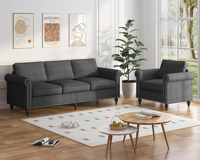 2 Piece Living Room Sofa Set 3 Seat Sofa and Armchair Sets Modular Sectional Couch Furniture Sets Gourd Shapes Wood Legs Sofas Couches for Living Room/Bedroom/Home/Apartment - Dark Grey