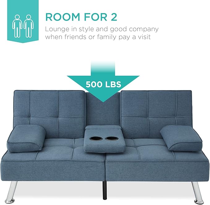 Best Choice Products Linen Modern Folding Futon Reclining Sofa Bed for Apartment Dorm w/Removable Armrests 2 Cupholders - Blue