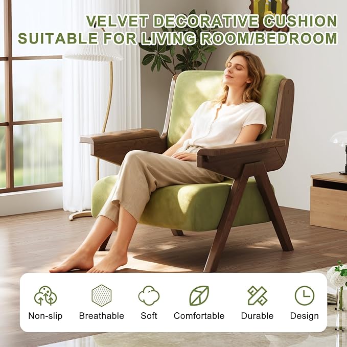 Accent Chair Set of 2 Mid Century Modern Chair Velvet Upholstered Lounge Arm Chair with Solid Wood Cozy Seating for Living Room Bedroom Balcony (Green)