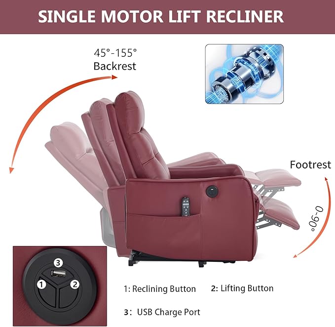 Small Power Lift Chair Recliner for Elderly Petite Power Recliner Chair with Massage and Heat | USB | High Back | Push Button | Side Pockets Liviing Room Easy Assembly (PU Leather Wine Red)