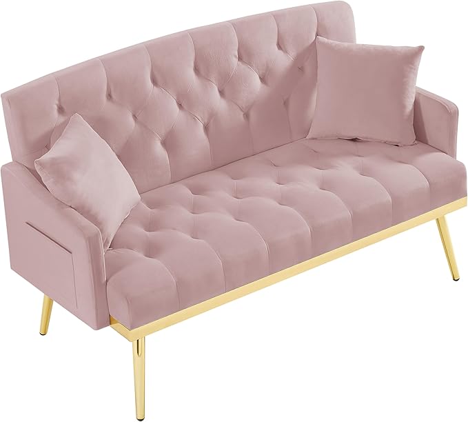 55-Inch Modern Velvet Loveseat Sofa with Gold Metal Legs &amp Side Pockets Tufted Backrest Perfect for Living Room Bedroom or Office (Pink)