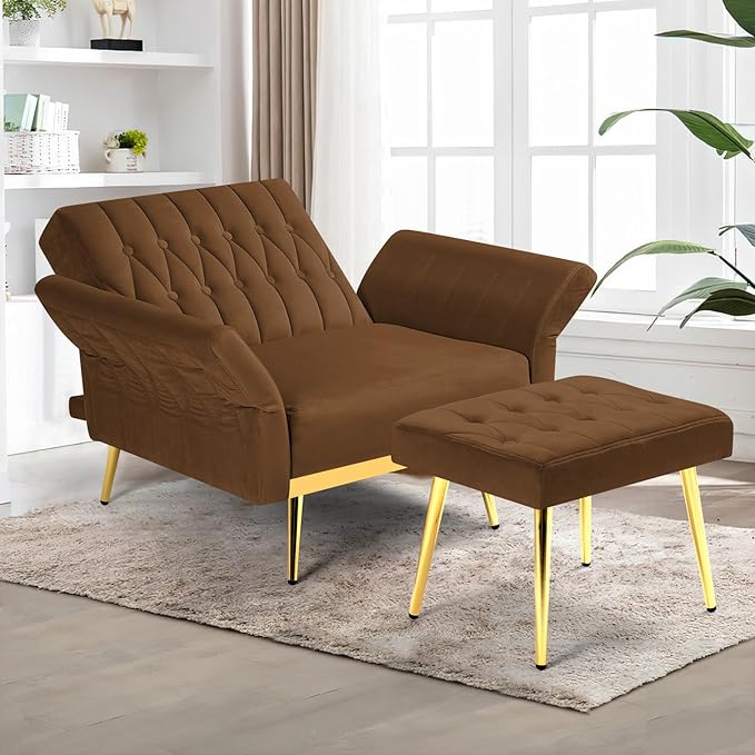 Velvet Accent Chair with Adjustable Backrest and Armrests Single Recliner Armchair with Ottoman and Golden Mental Legs for Living Room Bedroom and Waiting Room Brown