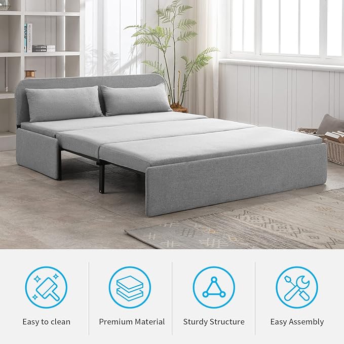 Mjkone 62 Width Pull Out Sleeper Sofa Bed Queen Size 2-in-1 Modern Convertible Linen Sofa Sleeper Pull Out Couch Bed with Cushions &amp Throw Pillows for Living Room Home Office Small Place Light